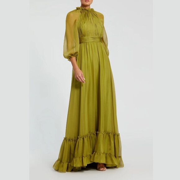 $498 Mac‎ Duggal 68225 Size 14 Green Chiffon Ruched Ruffled Long Maxi Dress Gown - Picture 2 of 5